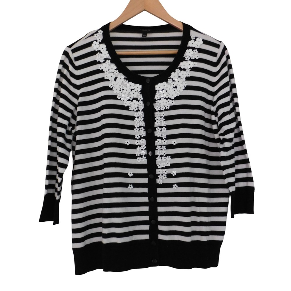 Talbots Sweater Womens 2X‎ Petite Floral Beaded Cottage Cardigan Knit Striped